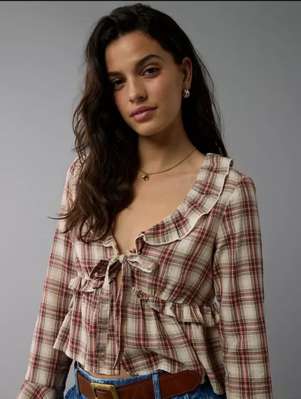 American Eagle Outfitters AE plaid style Long Sleeve Ruffle Tie Front poetic top